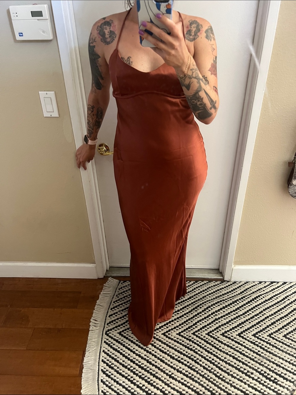 Rust Satin Slip Maxi Dress with Low Back